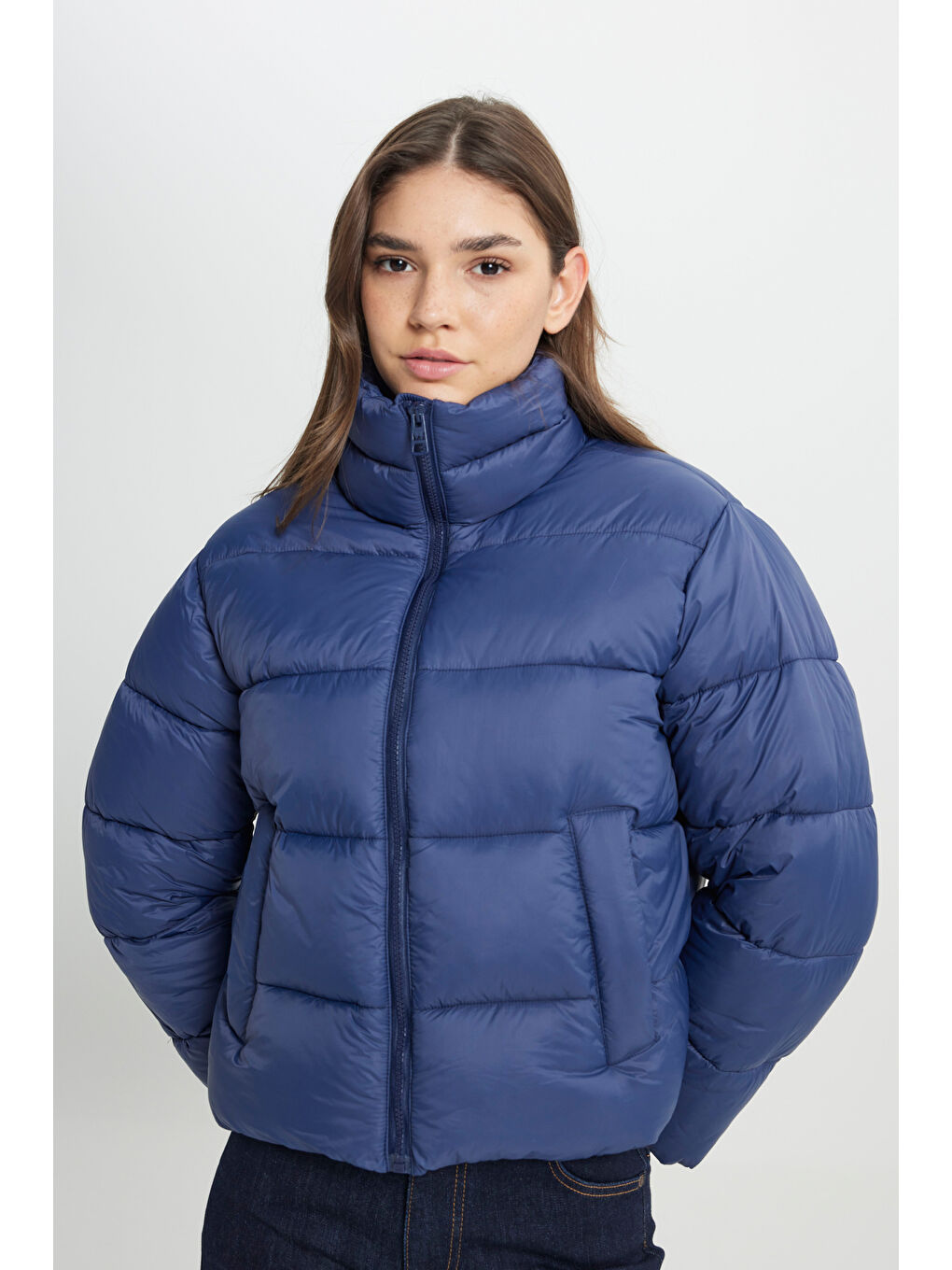 Loose Fit Rahat Kesim Lacivert Şişme Mont-5