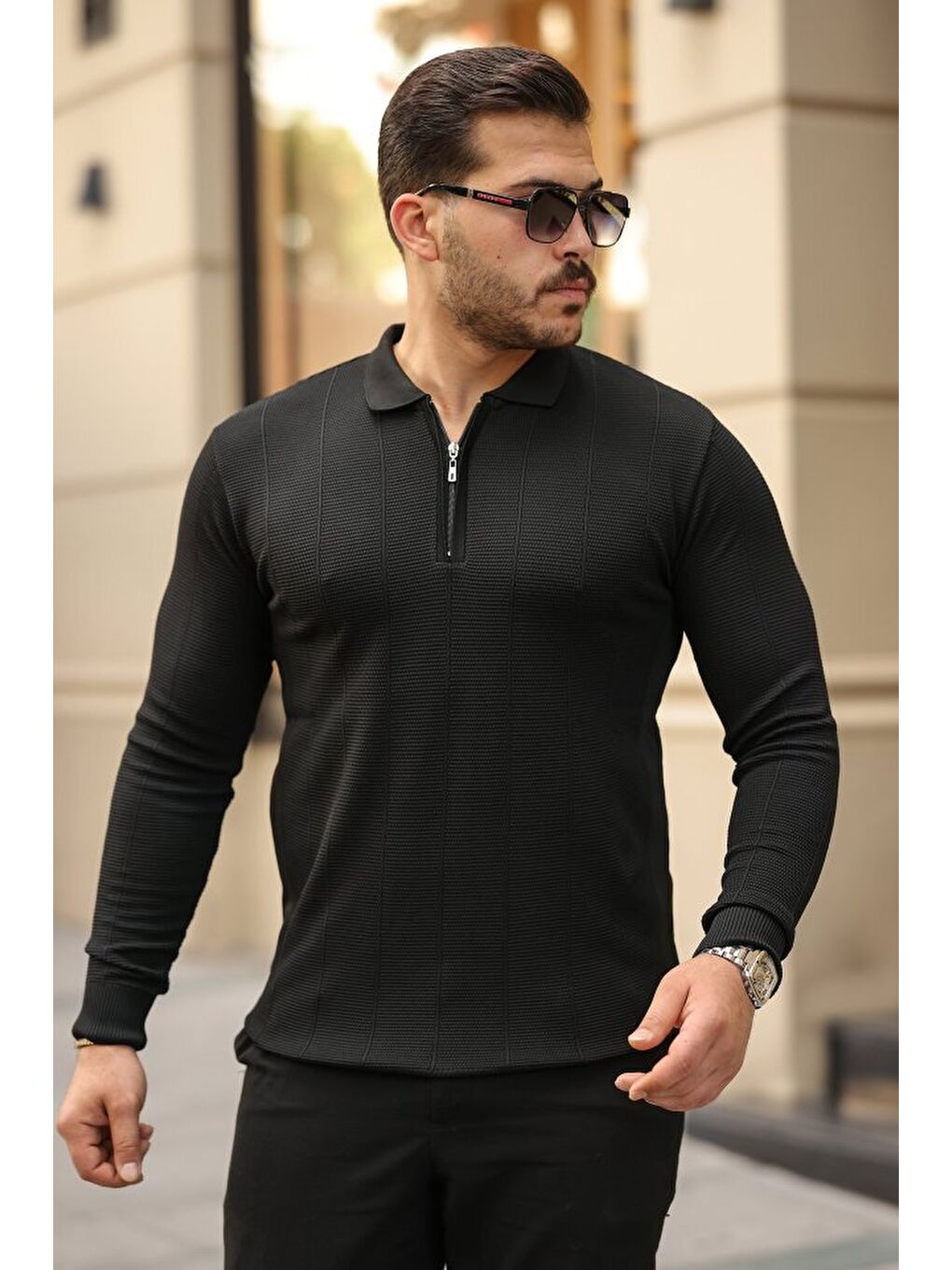 Siyah Erkek Pirinç Desenli Uzun Kollu Yakalı Triko