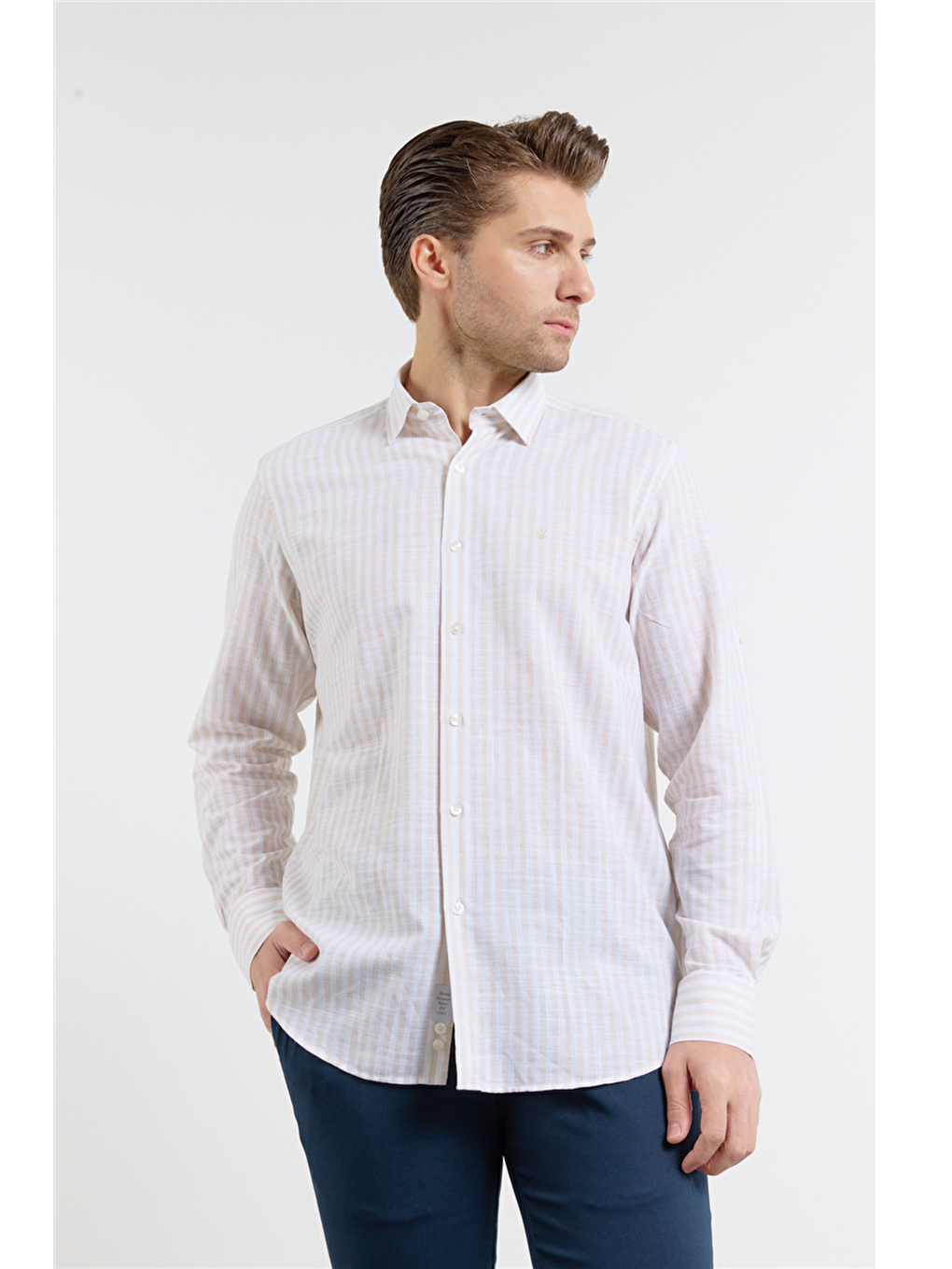 Bej Kısalabilir Kol Cepsiz Pamuk Casual Comfort Fit Gömlek 1004250128-2