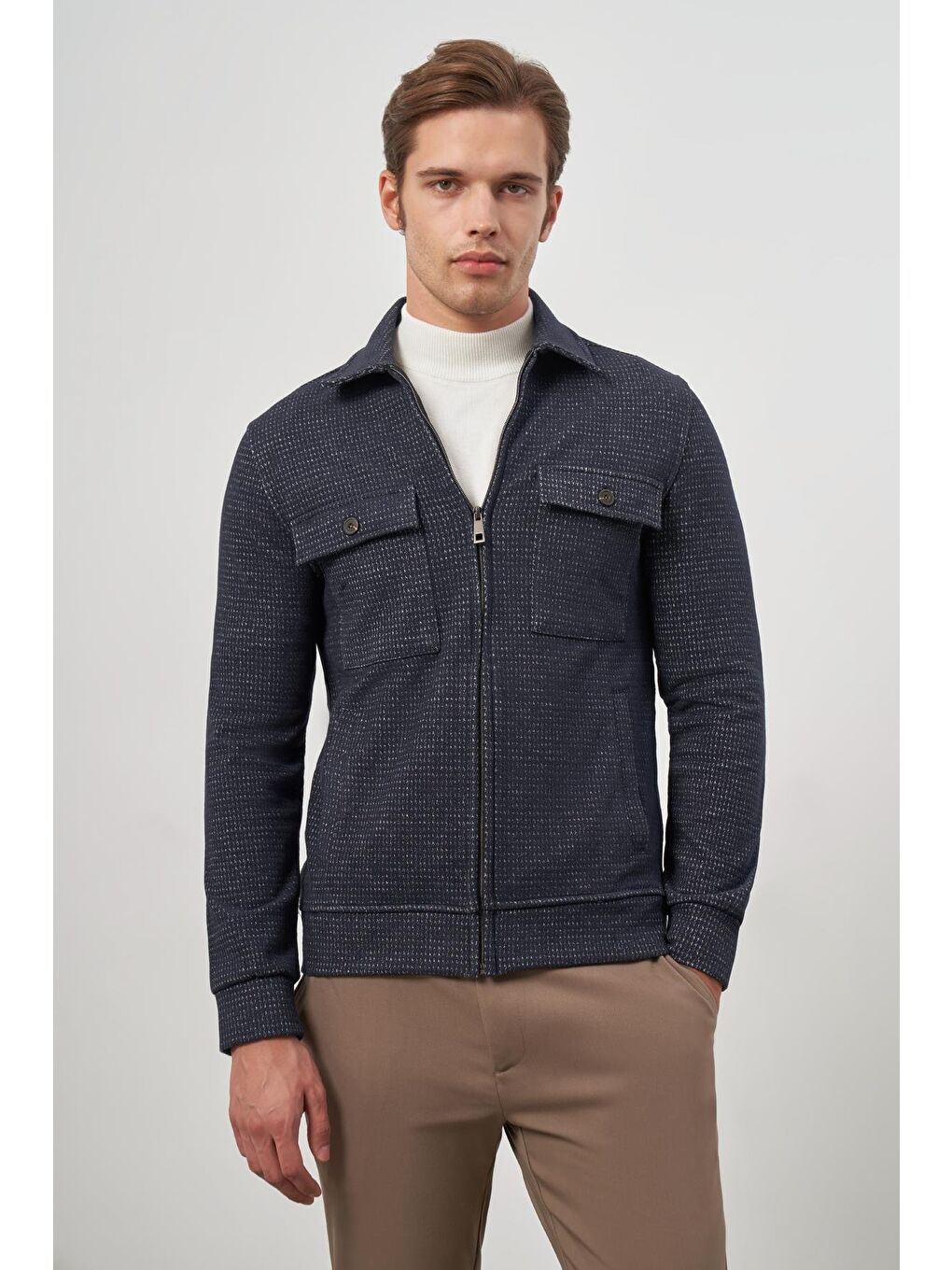 Koyu Lacivert Örme Bebe Yaka Kendinden Desenli Yırtmaçsız Astarsız Slim Fit Classic Mont 1007245158