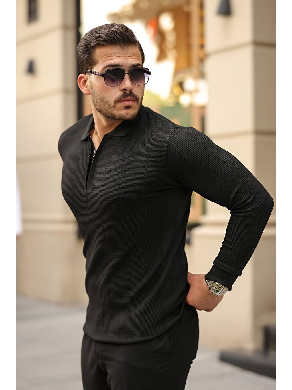 Siyah Erkek Pirinç Desenli Uzun Kollu Yakalı Triko-1