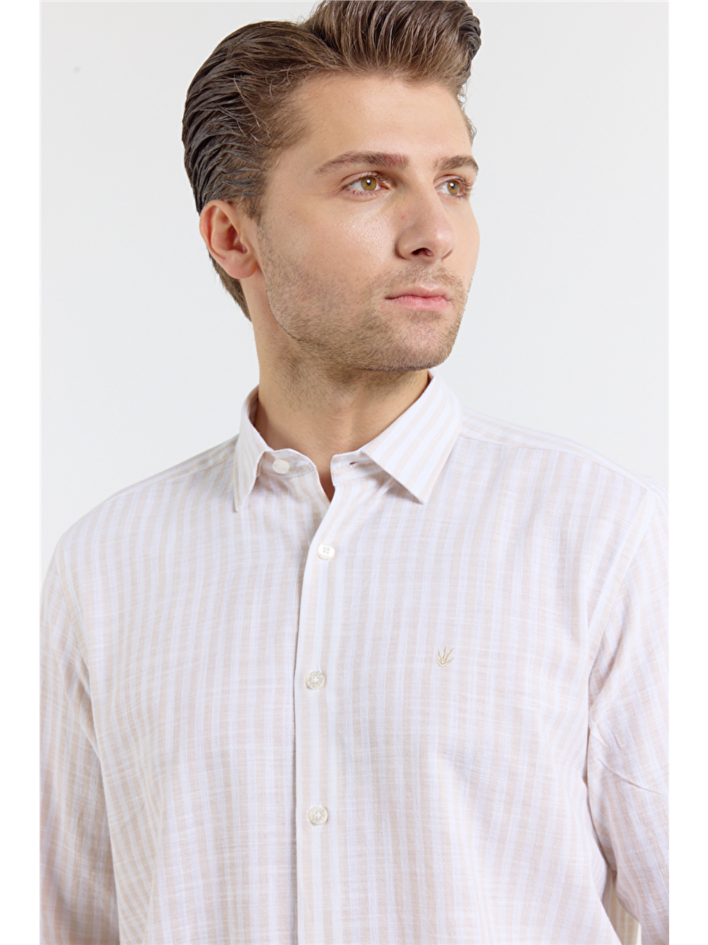 Bej Kısalabilir Kol Cepsiz Pamuk Casual Comfort Fit Gömlek 1004250128-3