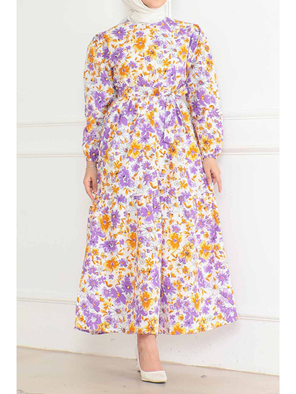 Desenli Kolu Büzgülü Elbise Lila - 26619