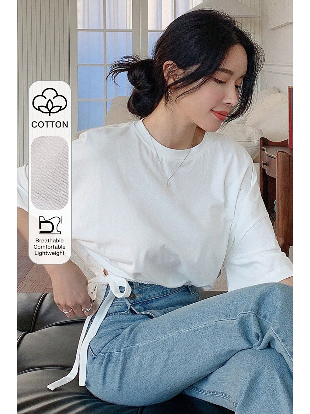 Beyaz Kadın Oversize Basic Haki Tişört Yan Bağlamalı Rahat Kesim Günlük Yazlık T-Shirt