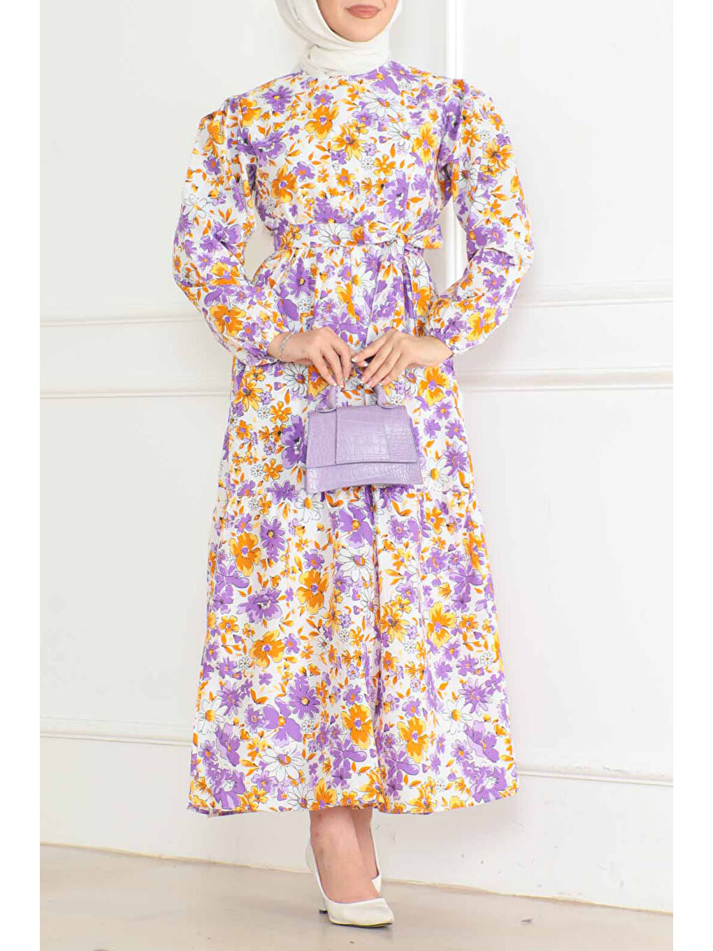 Desenli Kolu Büzgülü Elbise Lila - 26619-1