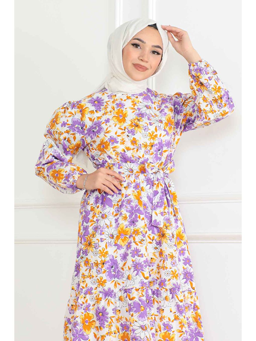 Desenli Kolu Büzgülü Elbise Lila - 26619-2