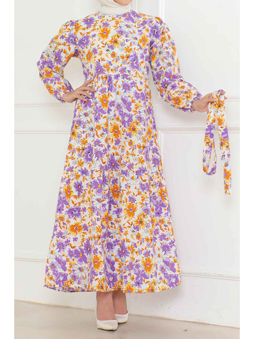 Desenli Kolu Büzgülü Elbise Lila - 26619-3