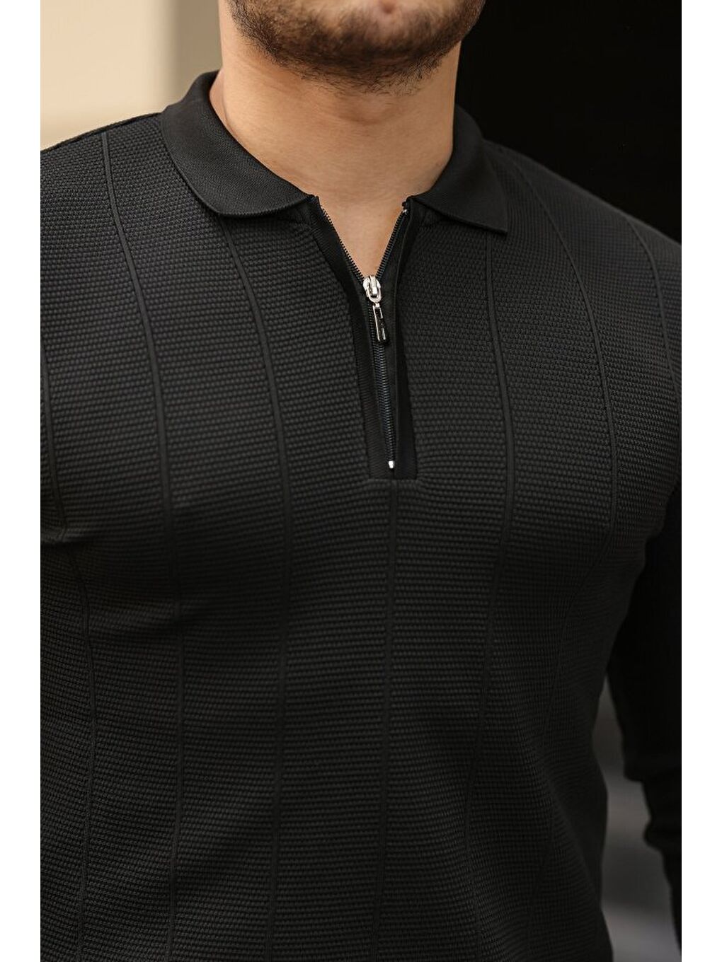 Siyah Erkek Pirinç Desenli Uzun Kollu Yakalı Triko-2