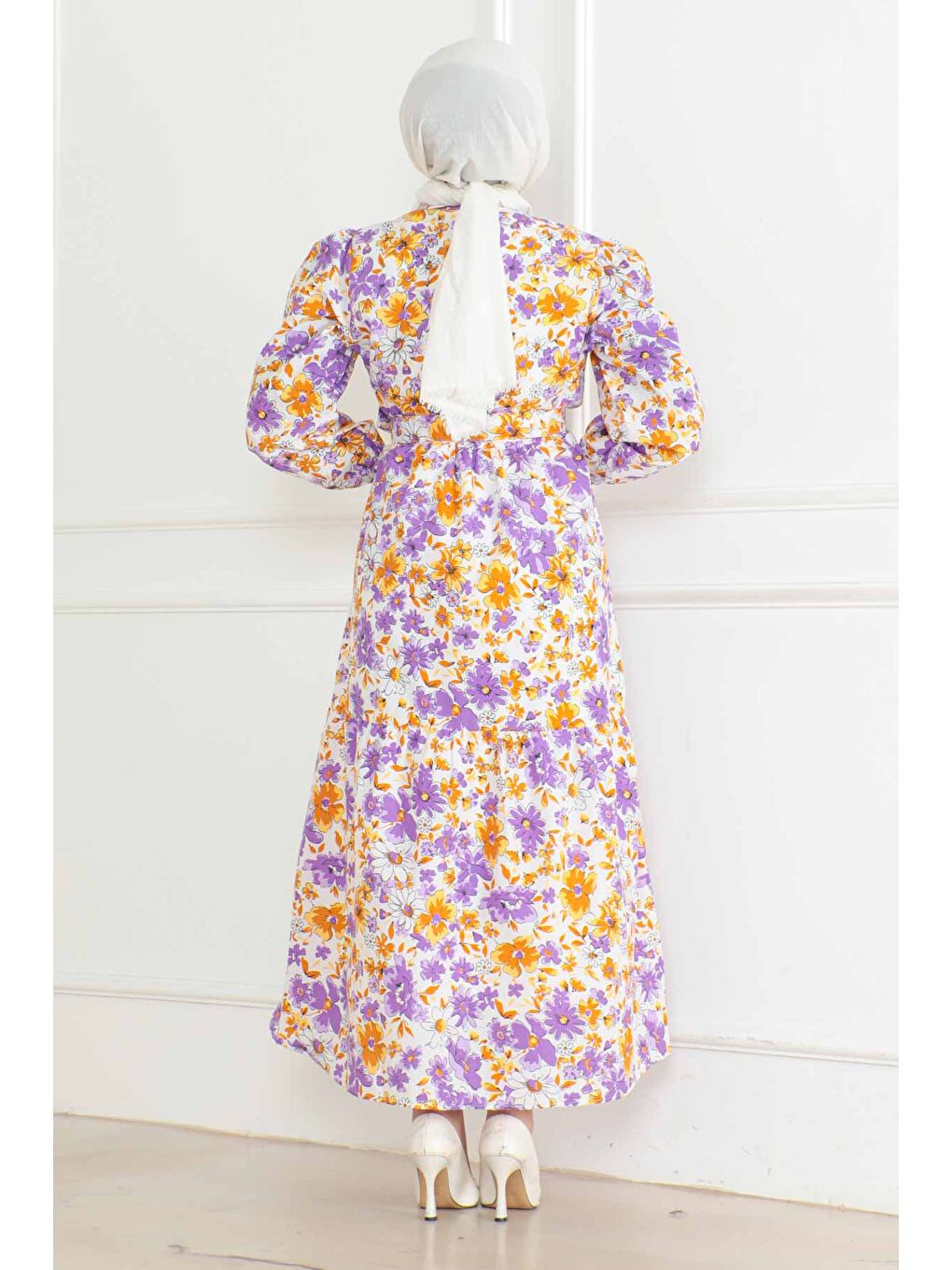 Desenli Kolu Büzgülü Elbise Lila - 26619-4