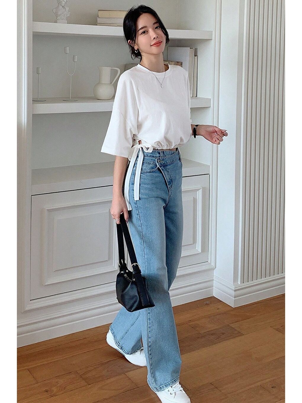 Beyaz Kadın Oversize Basic Haki Tişört Yan Bağlamalı Rahat Kesim Günlük Yazlık T-Shirt-1