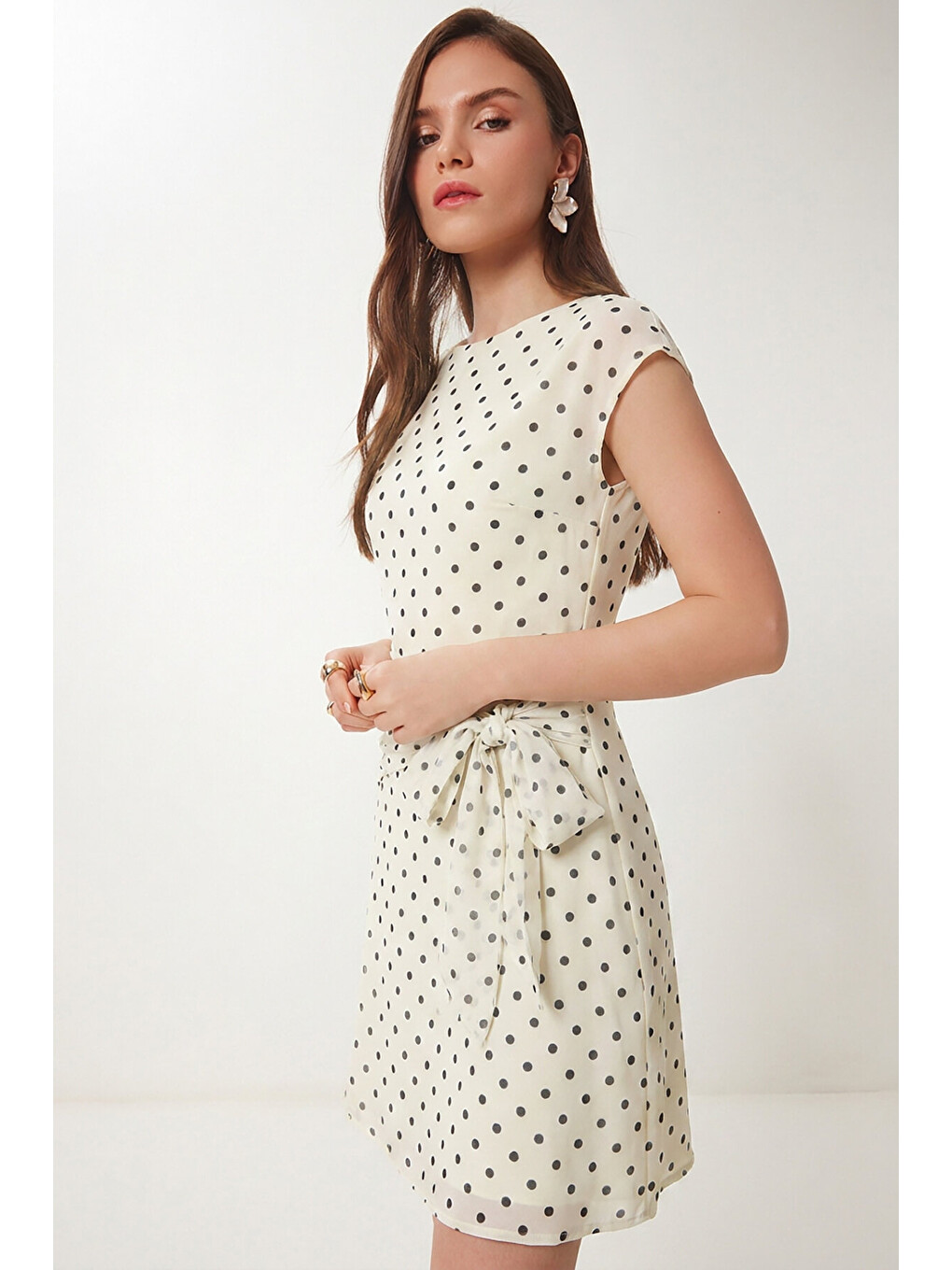 Puantiyeli Bağlamalı Yazlık Tül Elbise Ekru Lfw0019-3