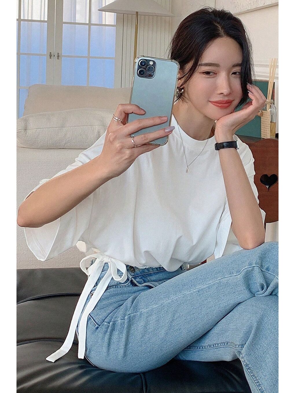 Beyaz Kadın Oversize Basic Haki Tişört Yan Bağlamalı Rahat Kesim Günlük Yazlık T-Shirt-3