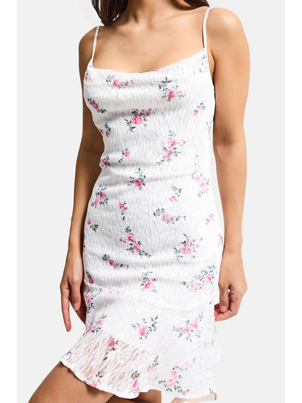 Kadın Beyaz s6 Çiçek Desen-1 Esnek Kumaş Askılı Mini Elbise-1