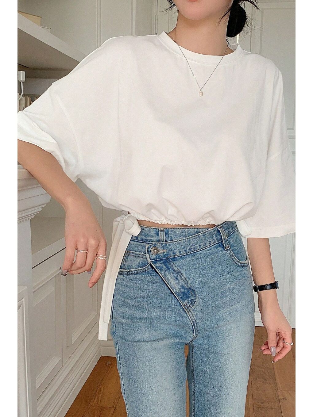 Beyaz Kadın Oversize Basic Haki Tişört Yan Bağlamalı Rahat Kesim Günlük Yazlık T-Shirt-5