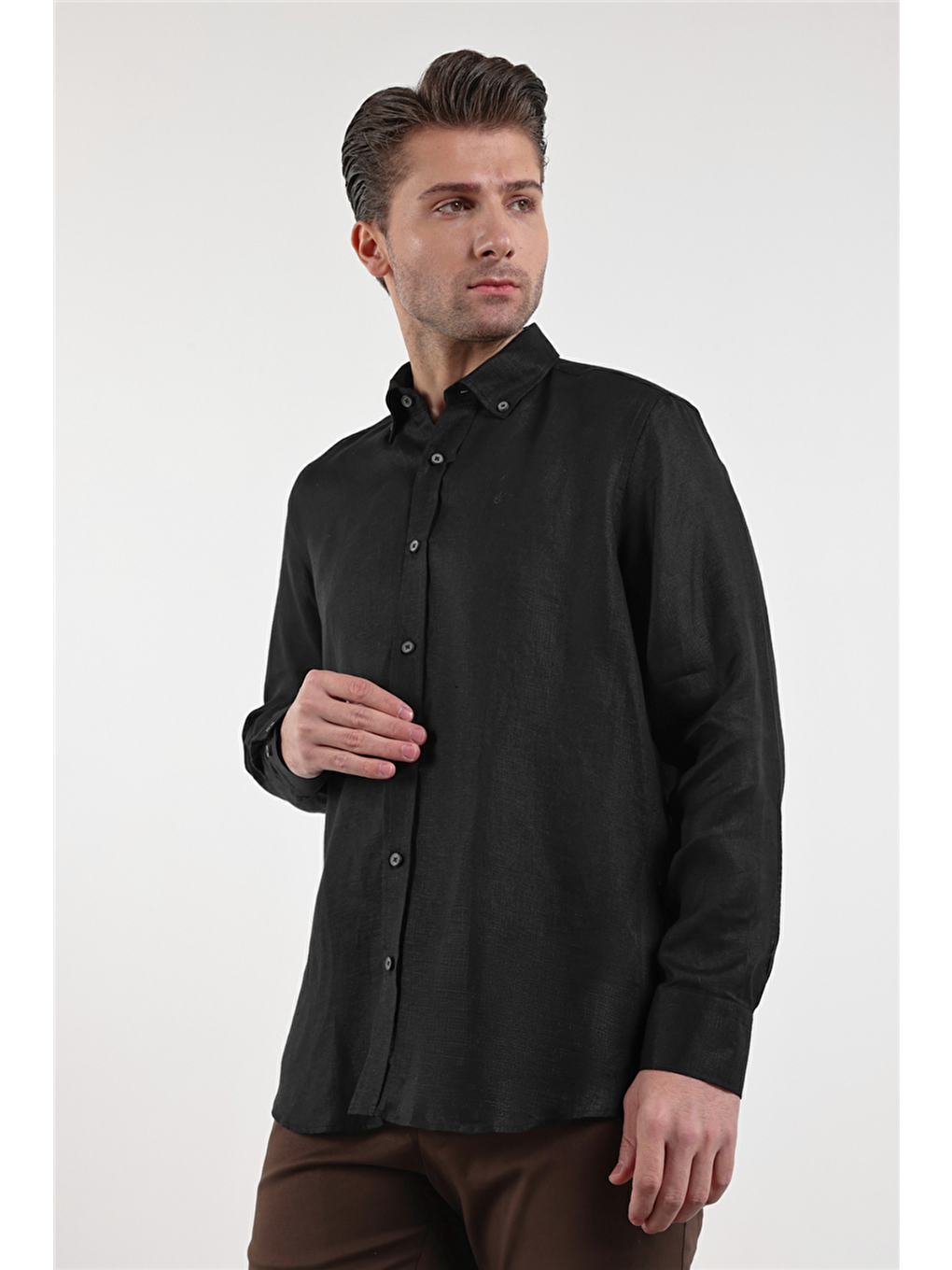 Siyah Uzun Kol Düz Keten Düğmeli Yaka Cepsiz Casual Comfort Fit Gömlek 1004250114-2