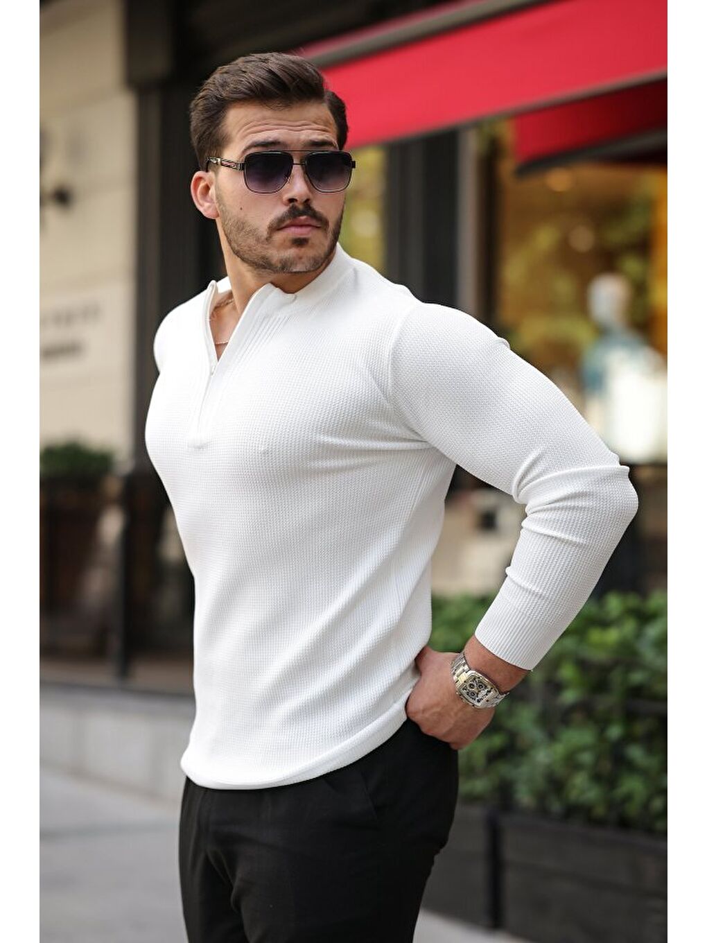 Beyaz Erkek Fermuarlı Bisiklet Yaka Dokulu Uzun Kollu Triko-1