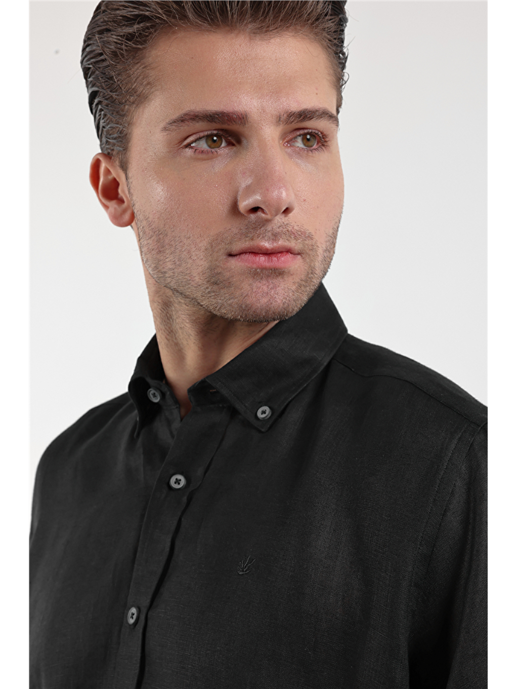 Siyah Uzun Kol Düz Keten Düğmeli Yaka Cepsiz Casual Comfort Fit Gömlek 1004250114-3