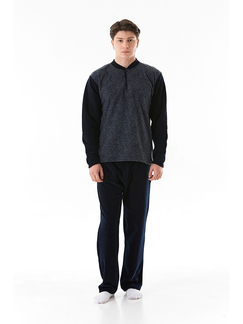 Mavi Benek Desenli Yakası Düğmeli Polar Pijama Takımı