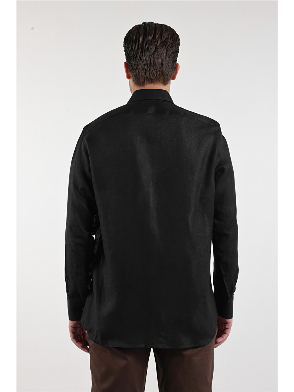Siyah Uzun Kol Düz Keten Düğmeli Yaka Cepsiz Casual Comfort Fit Gömlek 1004250114-4