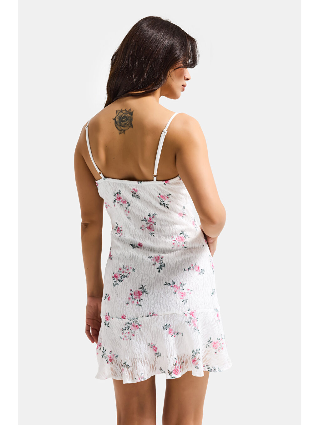 Kadın Beyaz s6 Çiçek Desen-1 Esnek Kumaş Askılı Mini Elbise-5