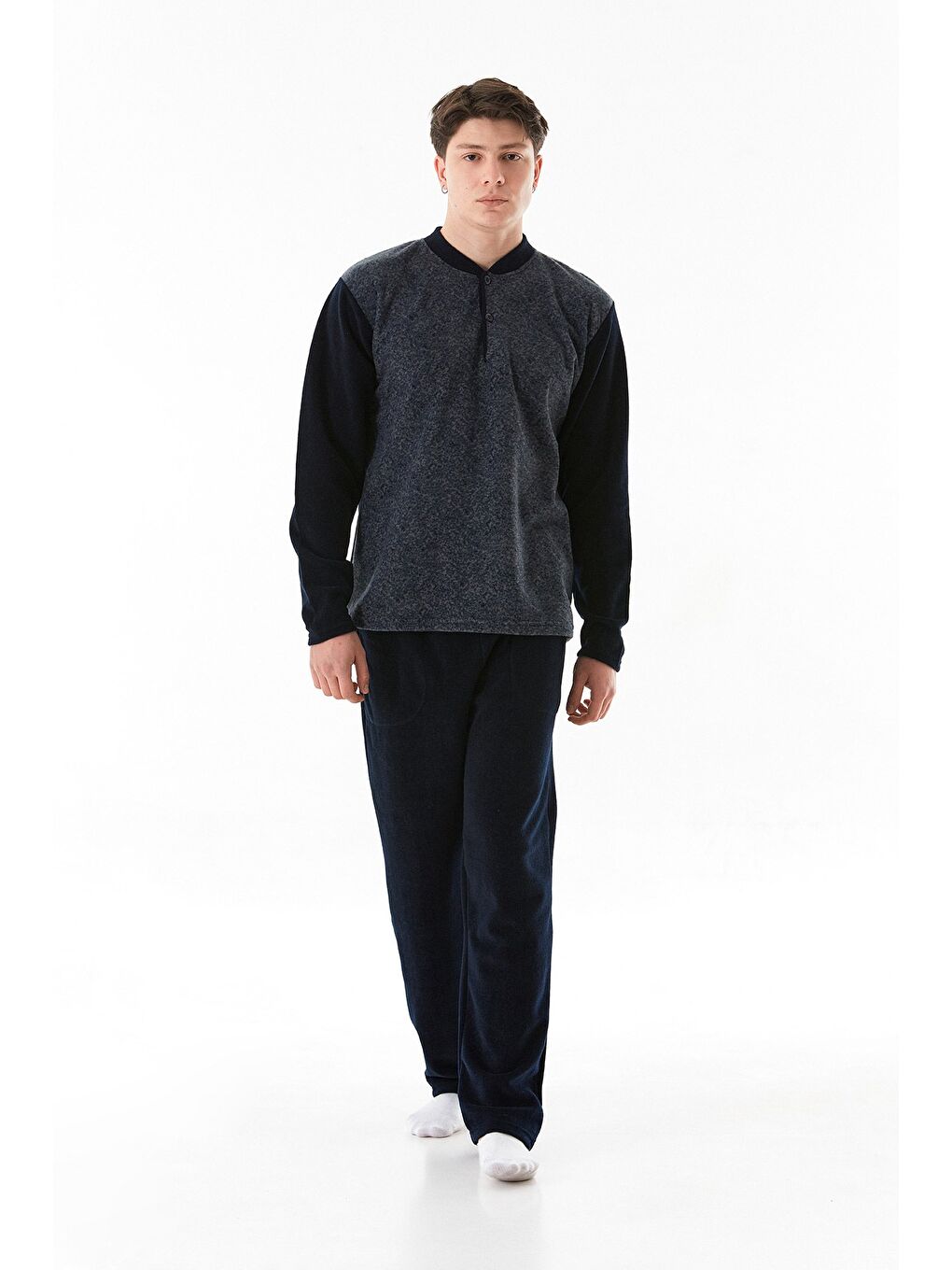 Mavi Benek Desenli Yakası Düğmeli Polar Pijama Takımı-2