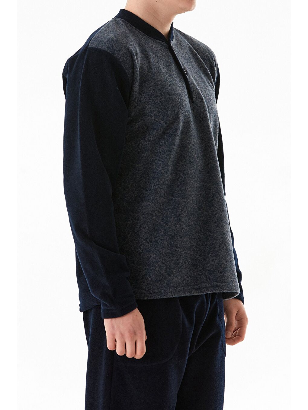 Mavi Benek Desenli Yakası Düğmeli Polar Pijama Takımı-3