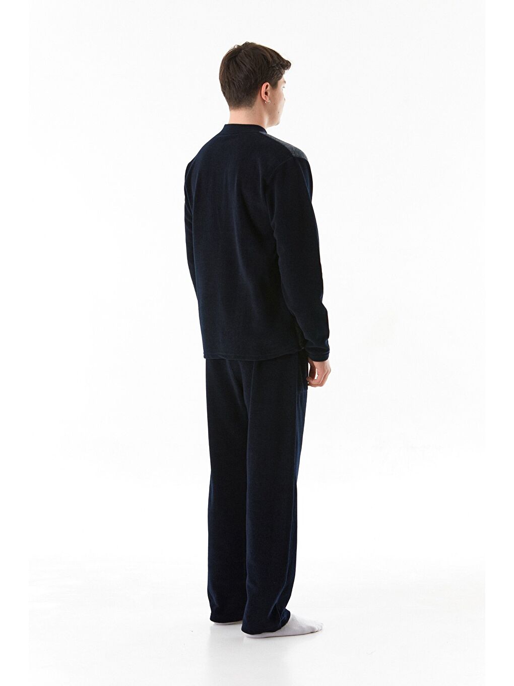 Mavi Benek Desenli Yakası Düğmeli Polar Pijama Takımı-4