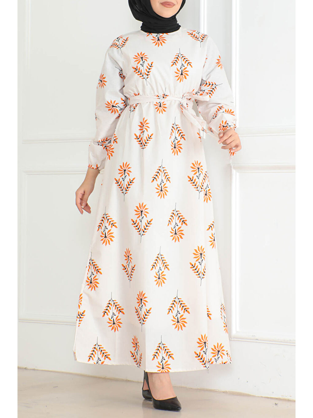 Desenli Kolu Büzgülü Elbise Turuncu - 26623