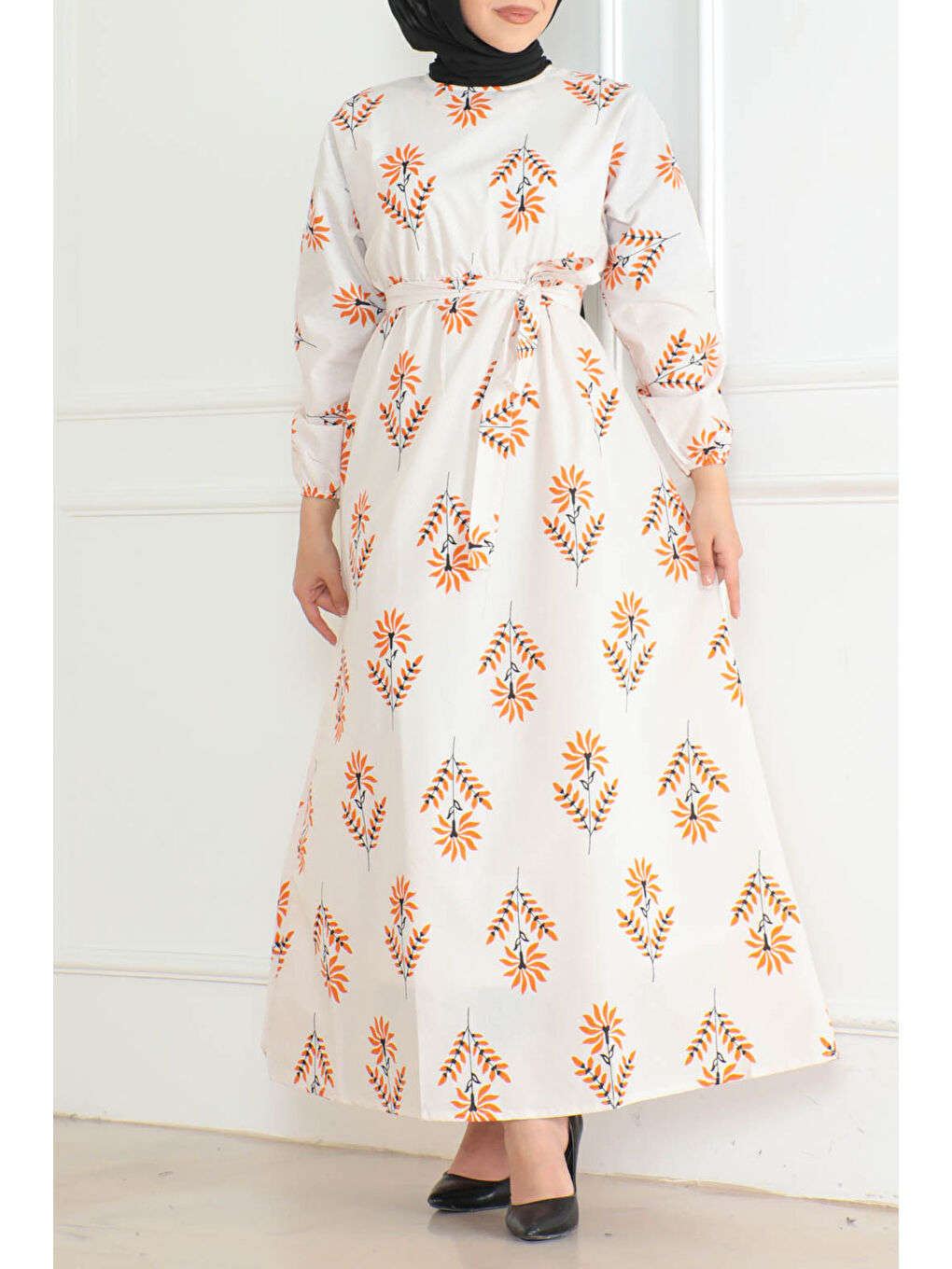 Desenli Kolu Büzgülü Elbise Turuncu - 26623-1