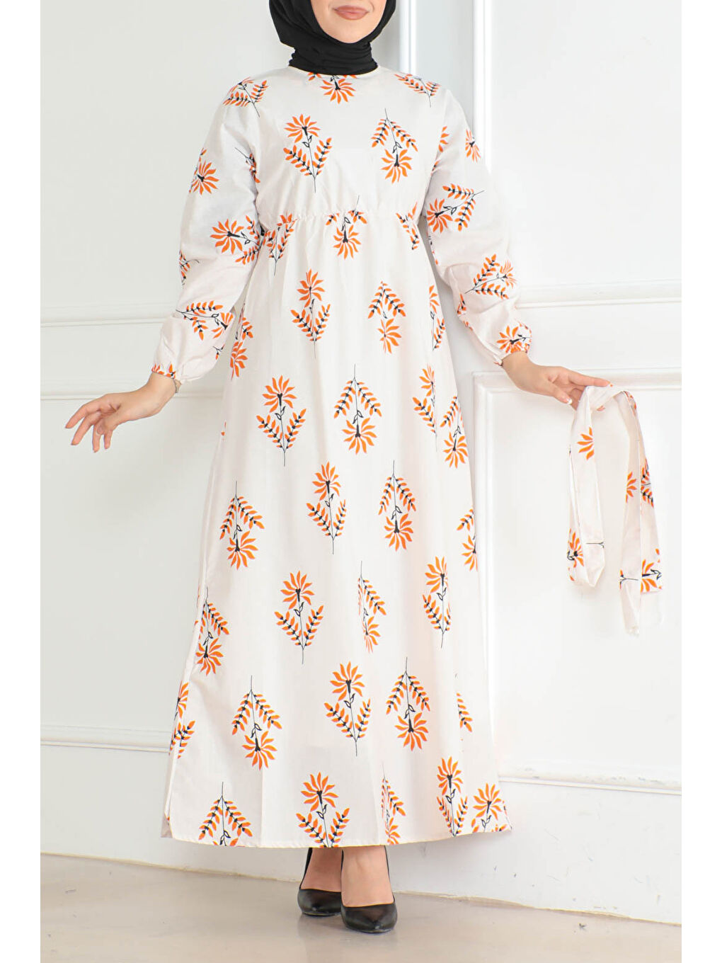 Desenli Kolu Büzgülü Elbise Turuncu - 26623-2