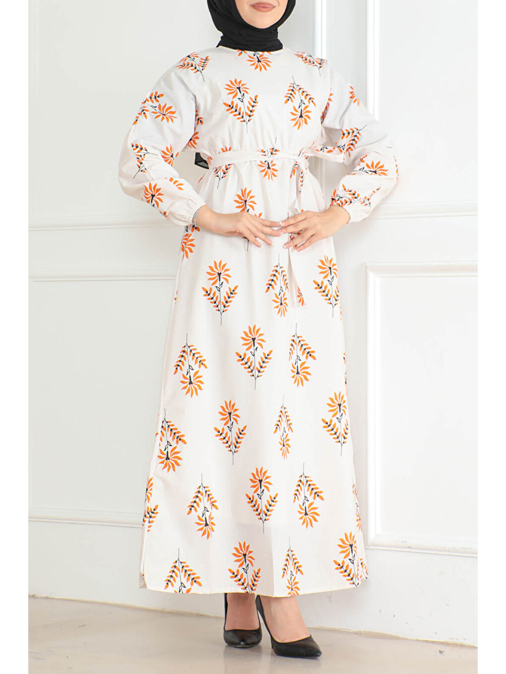 Desenli Kolu Büzgülü Elbise Turuncu - 26623-3