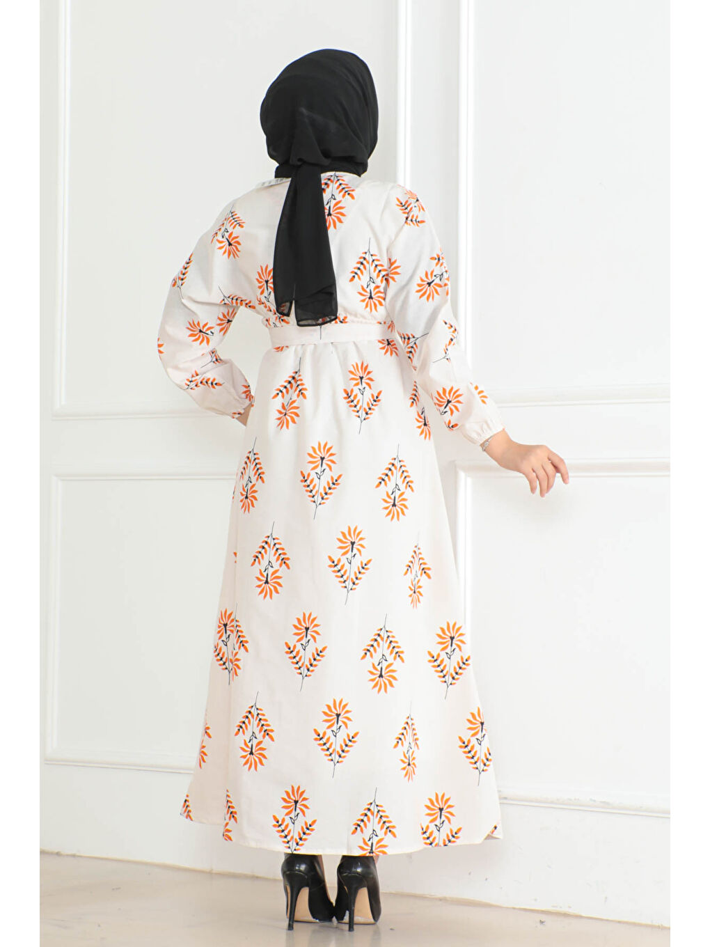 Desenli Kolu Büzgülü Elbise Turuncu - 26623-4