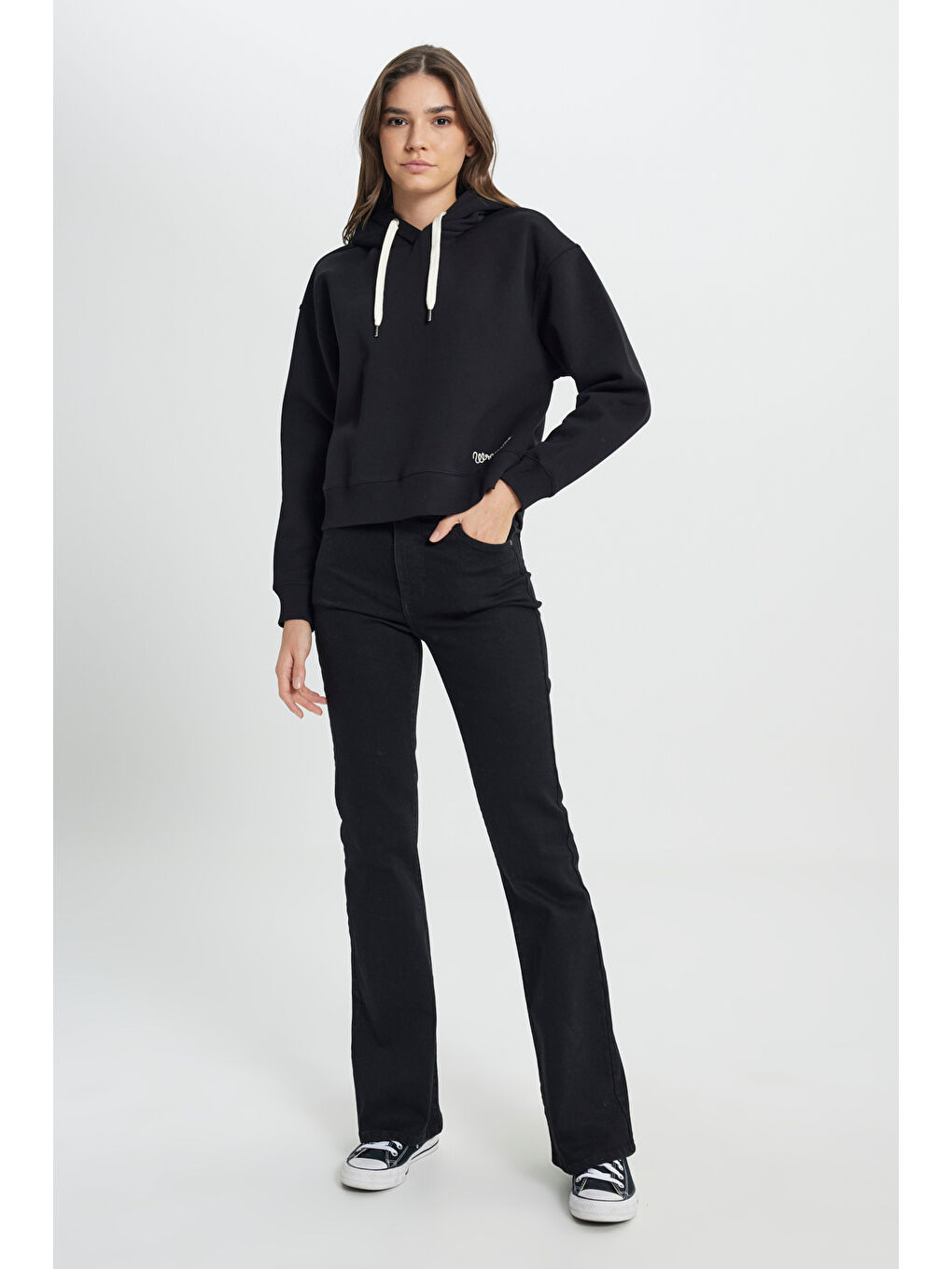 Regular Fit Normal Kesim Kapüşonlu İçi Polarlı Siyah Sweatshirt-4