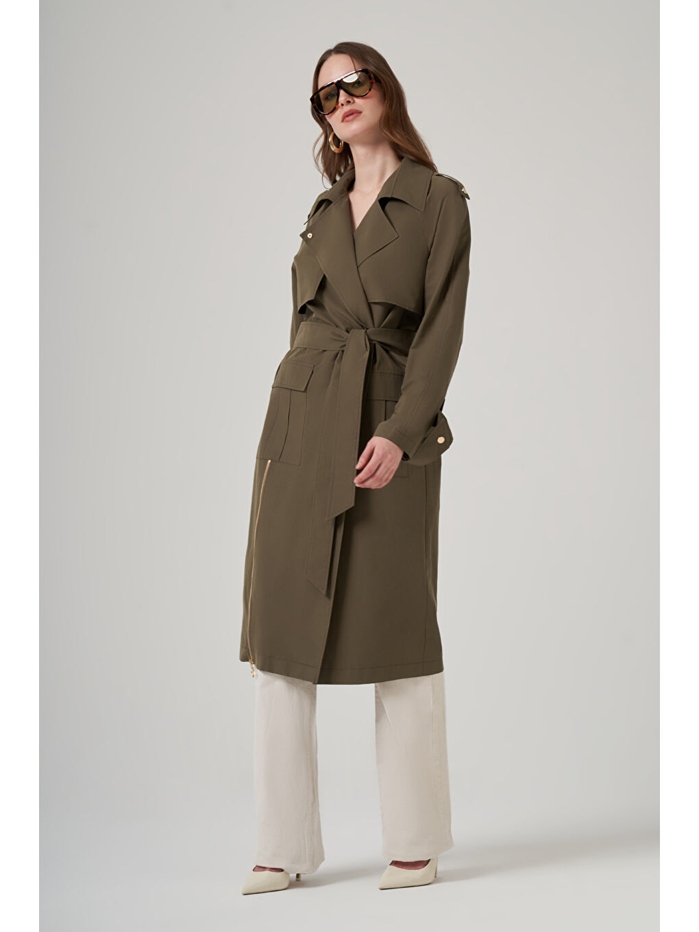 Kuşak Detay Kap Ceket 6045 Haki-3