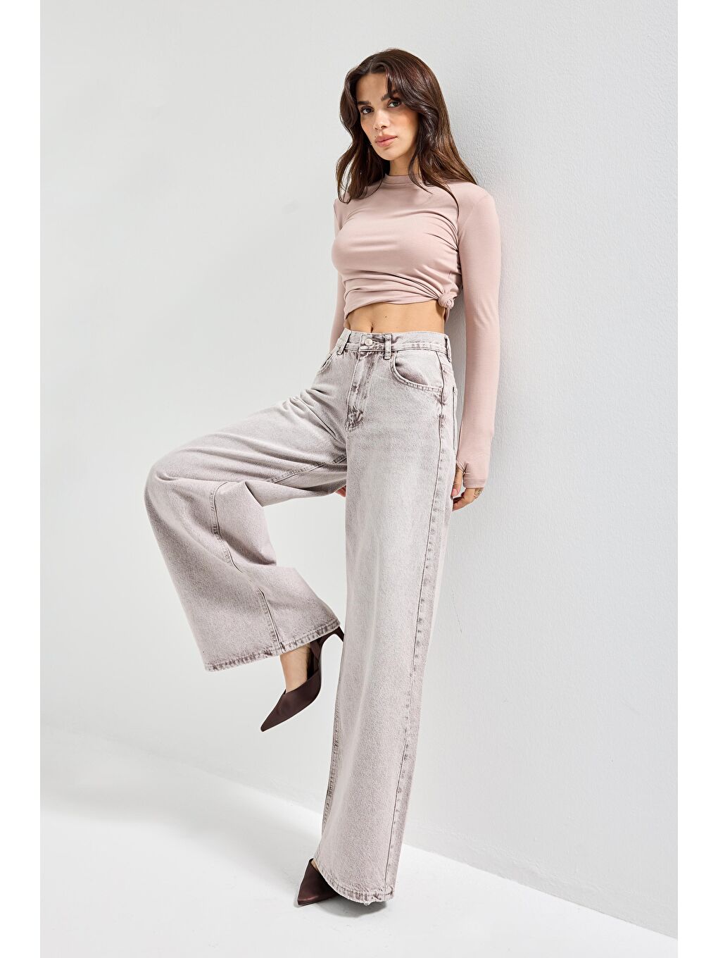 Bej Kadın Taş Rengi Hera 4s6-158 Palazzo Fit %100 Pamuk Denim Jean-2