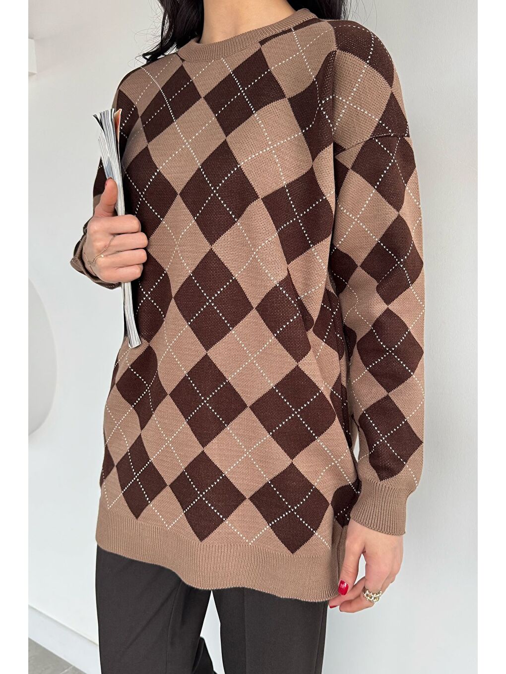 Bej Kadın Ekose Desenli Bisiklet Yaka Triko Kazak-1