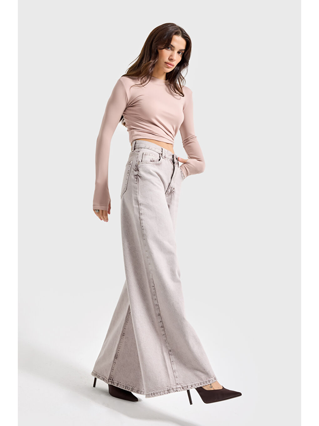 Bej Kadın Taş Rengi Hera 4s6-158 Palazzo Fit %100 Pamuk Denim Jean-3