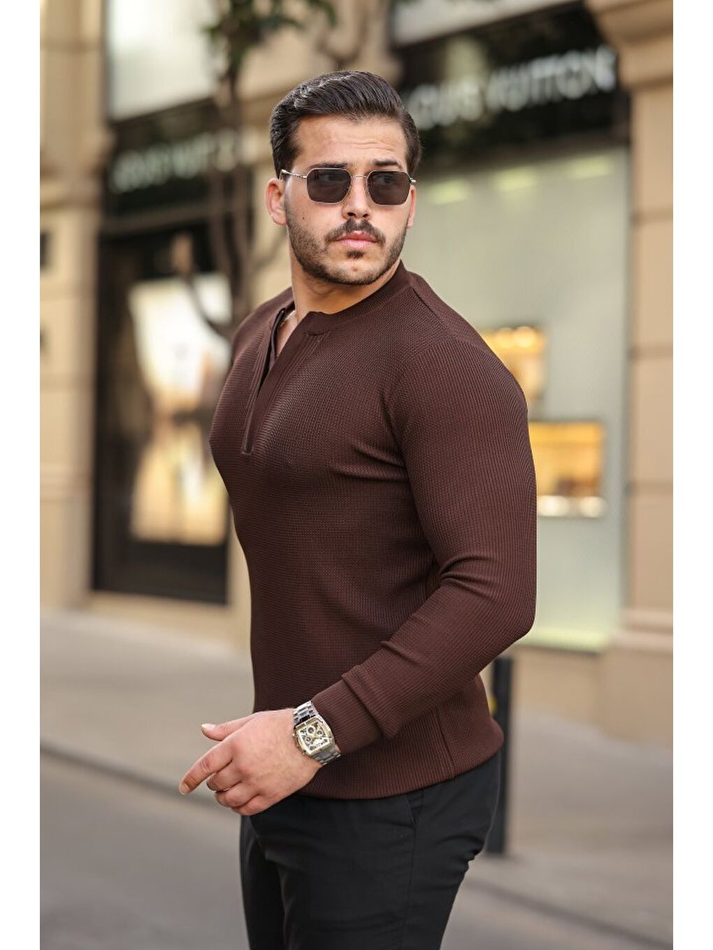 Kahverengi Erkek Fermuarlı Bisiklet Yaka Dokulu Uzun Kollu Triko-1