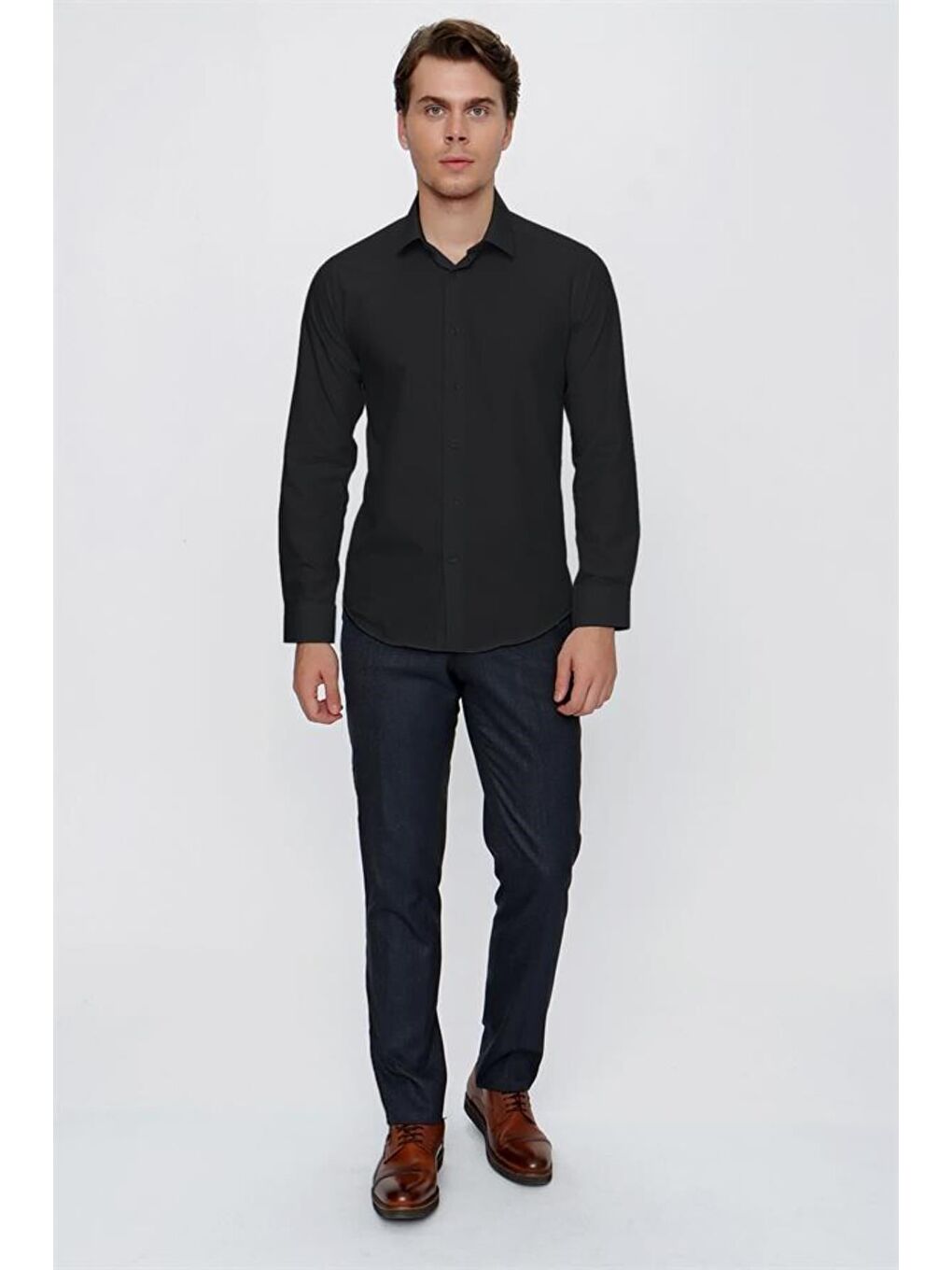Siyah Klasik Yaka Uzun Kol Cepsiz Slim Fit Basic Pamuklu Gömlek 1004255057-2