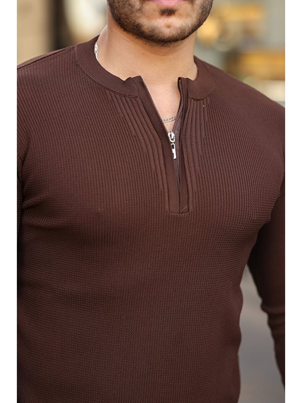 Kahverengi Erkek Fermuarlı Bisiklet Yaka Dokulu Uzun Kollu Triko-2