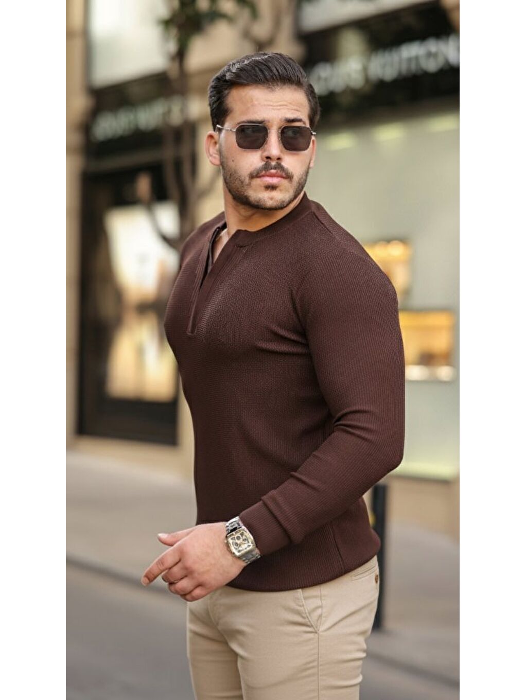 Kahverengi Erkek Fermuarlı Bisiklet Yaka Dokulu Uzun Kollu Triko-3