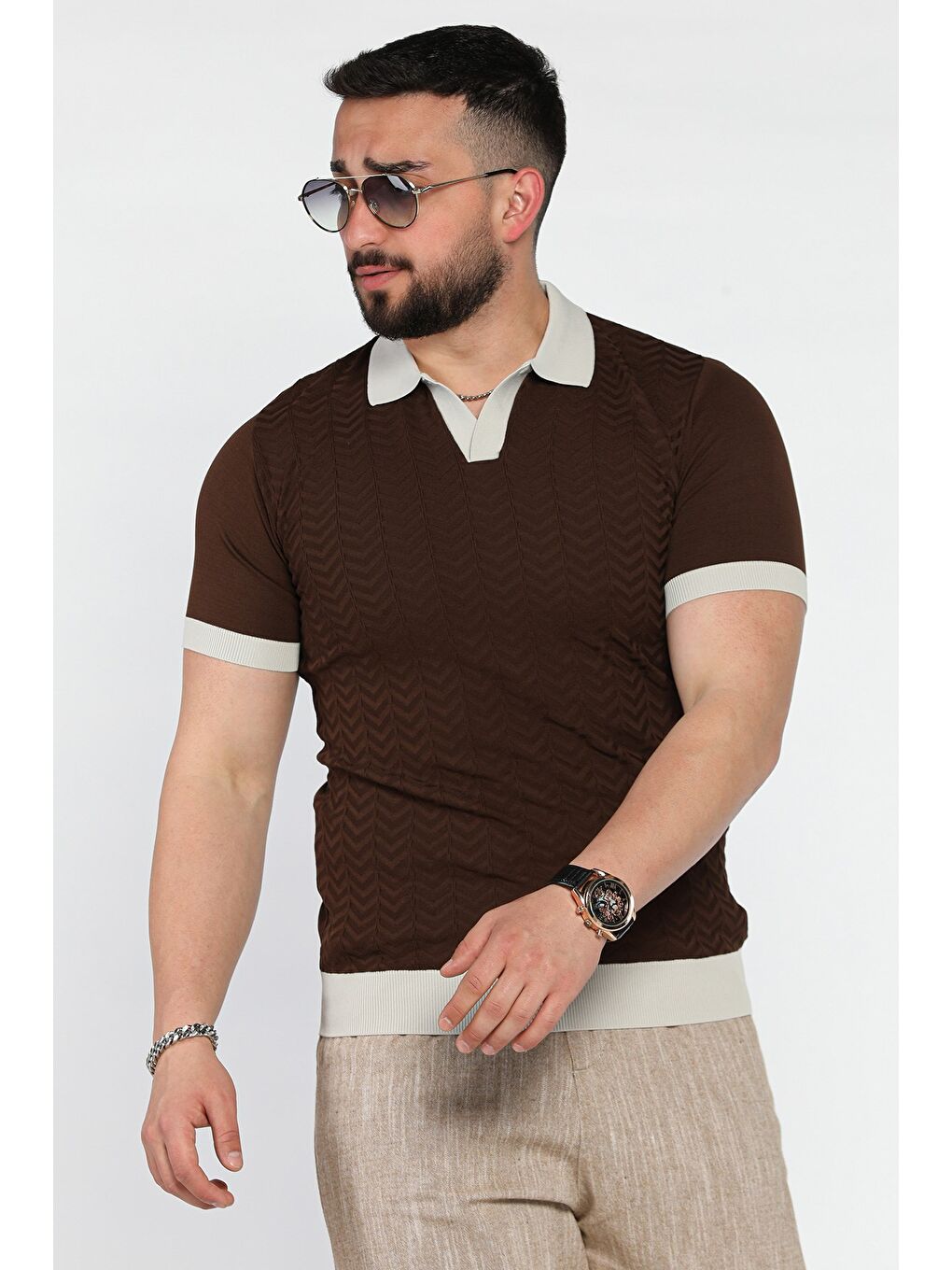 Kahverengi Polo Yaka Erkek Triko Tişört