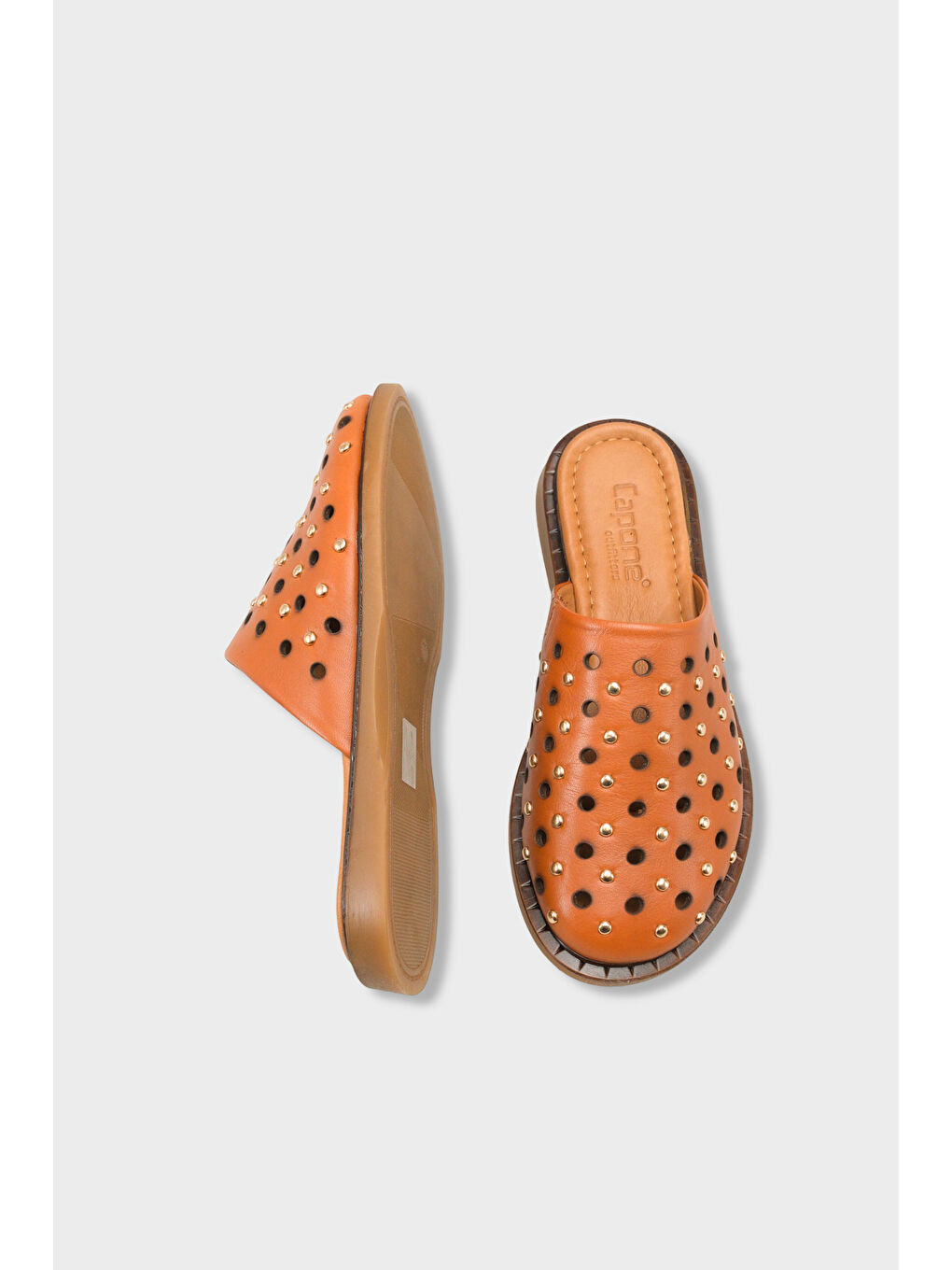 Kahverengi Lidia Hakiki Deri Düz Topuklu Zımbalı Kadın Sabo Terlik-4