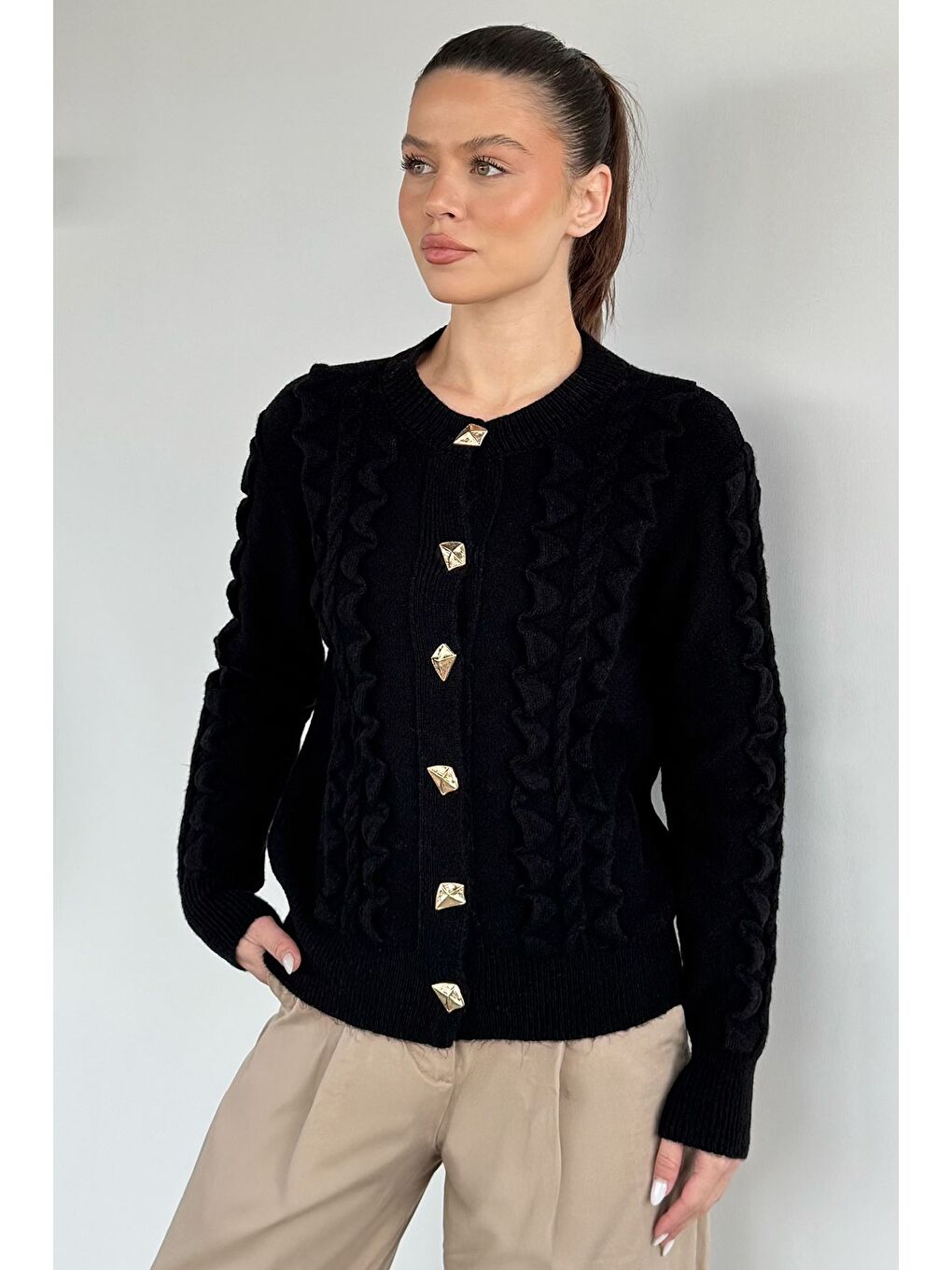 Siyah Kadın Gold Düğme Detaylı Triko Hırka-2