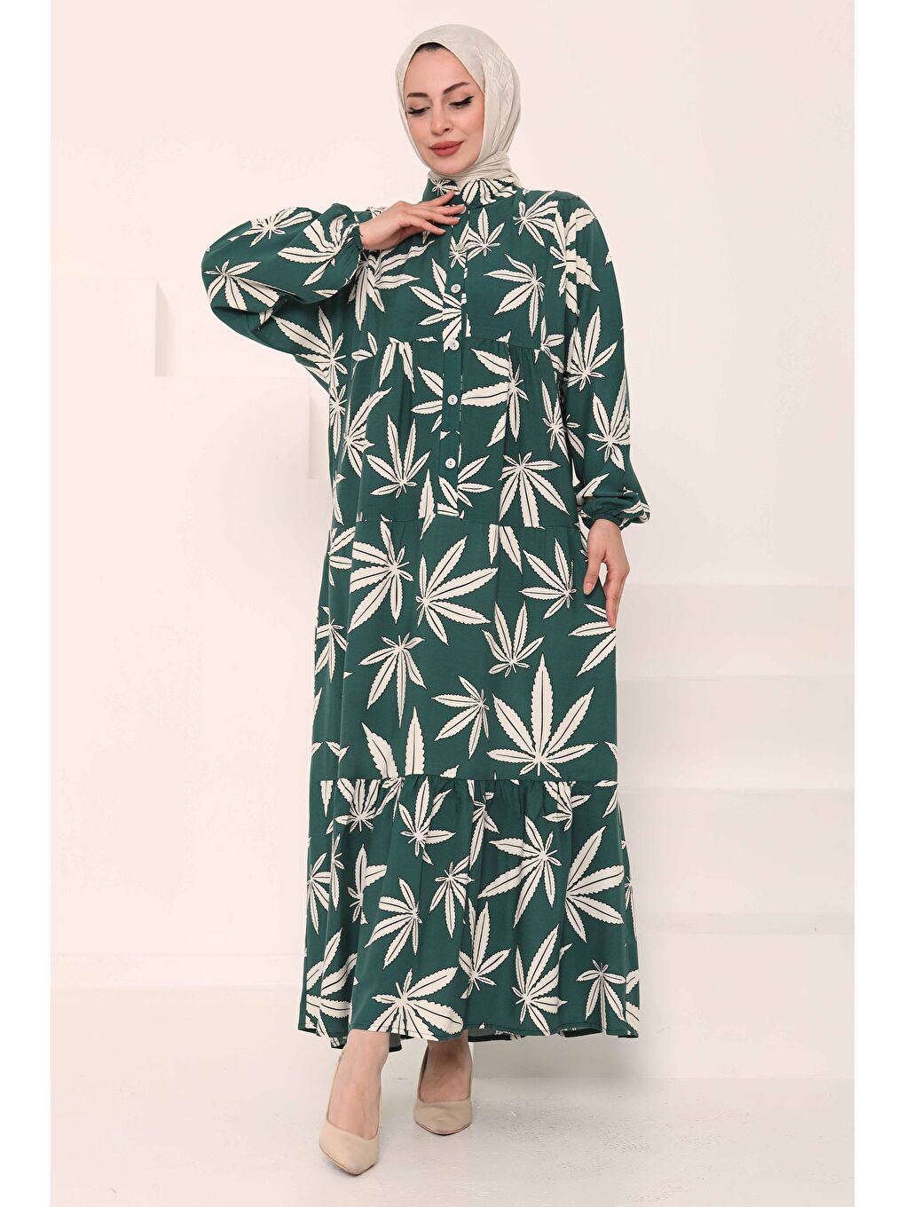 Yeşil Desenli Düğmeli Elbise Mint - 27038-1