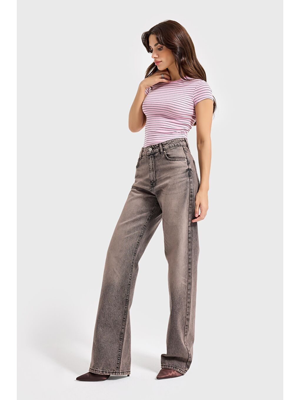 Kahverengi Kadın Kahve Jean Rengi Doris 4s6-166 Straight Fit Yüksek Bel %100 Pamuk Denim Jean-1