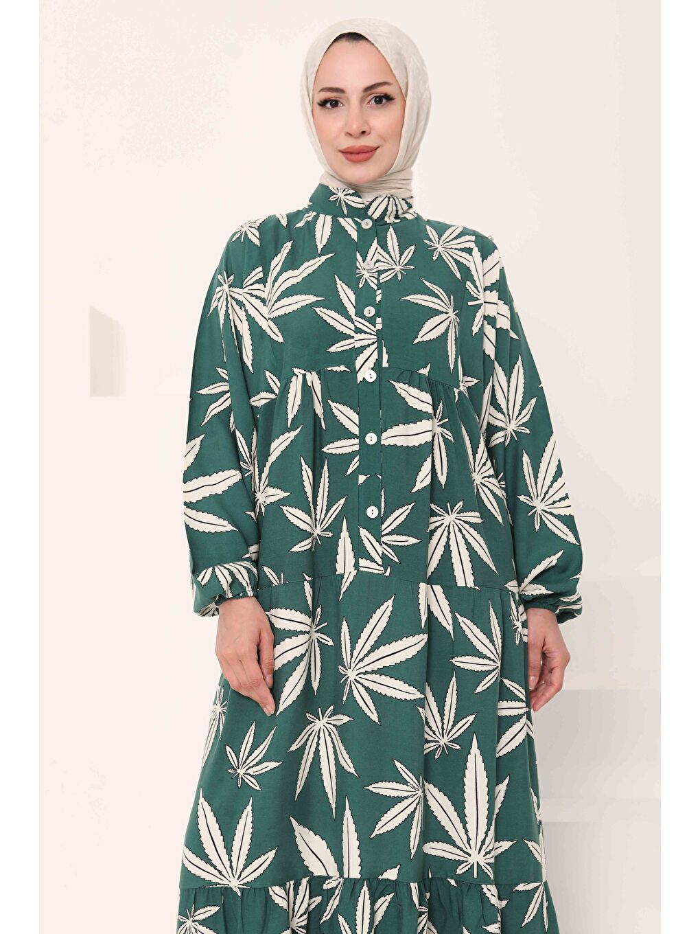 Yeşil Desenli Düğmeli Elbise Mint - 27038-2