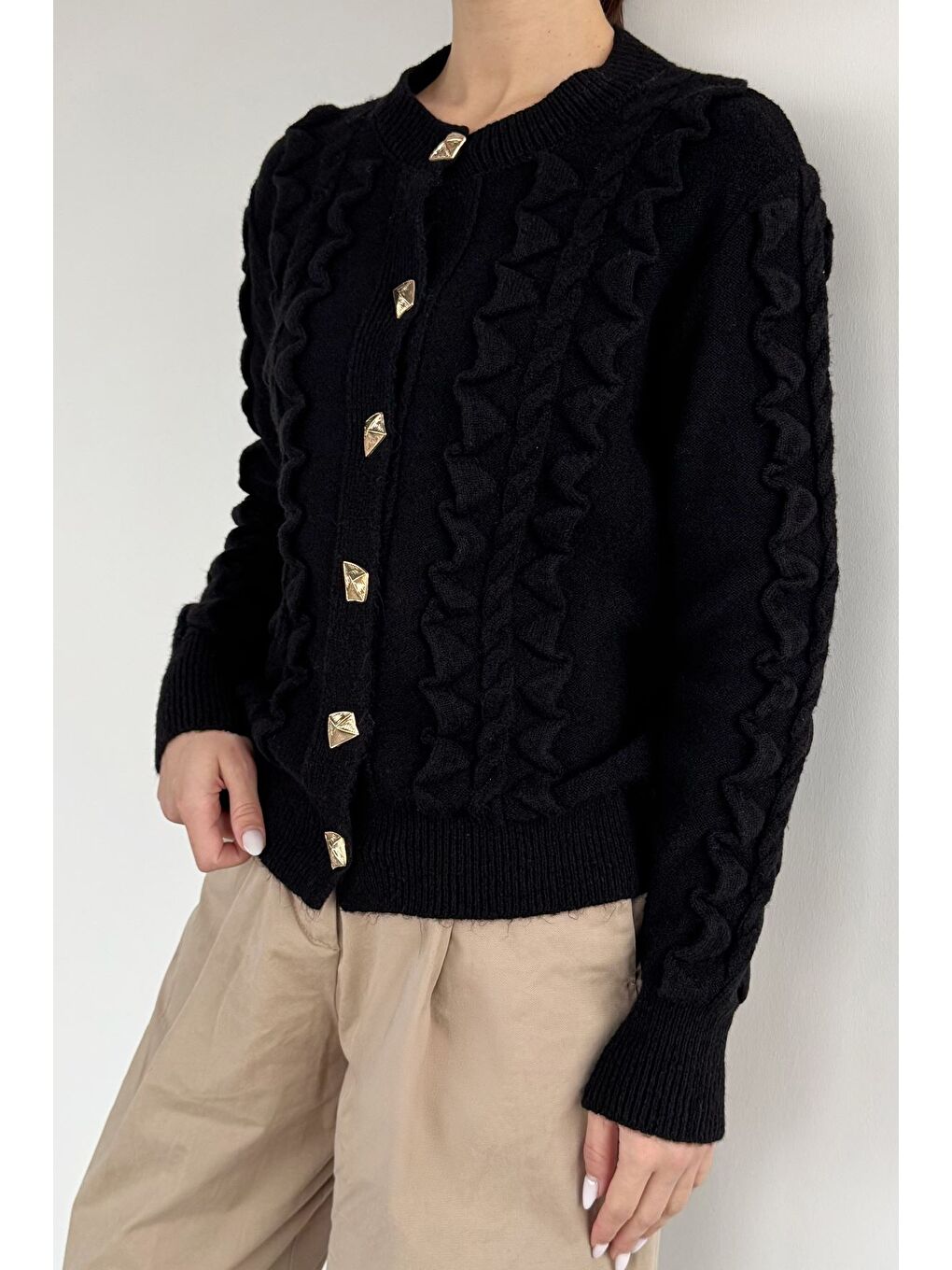 Siyah Kadın Gold Düğme Detaylı Triko Hırka-3