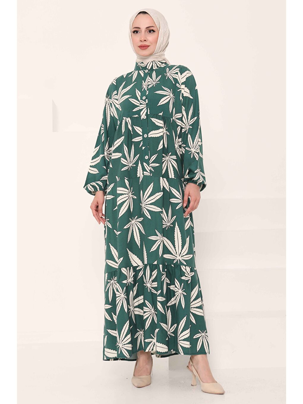 Yeşil Desenli Düğmeli Elbise Mint - 27038-3