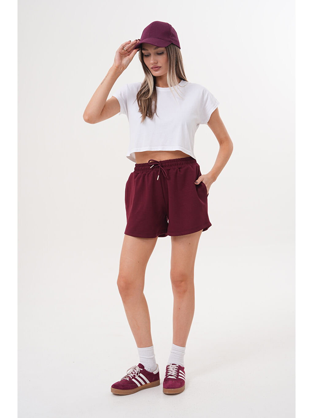 Bordo Kadın Modal Şort Beli Lastikli Cepli Şort MODAL-ŞORT-3